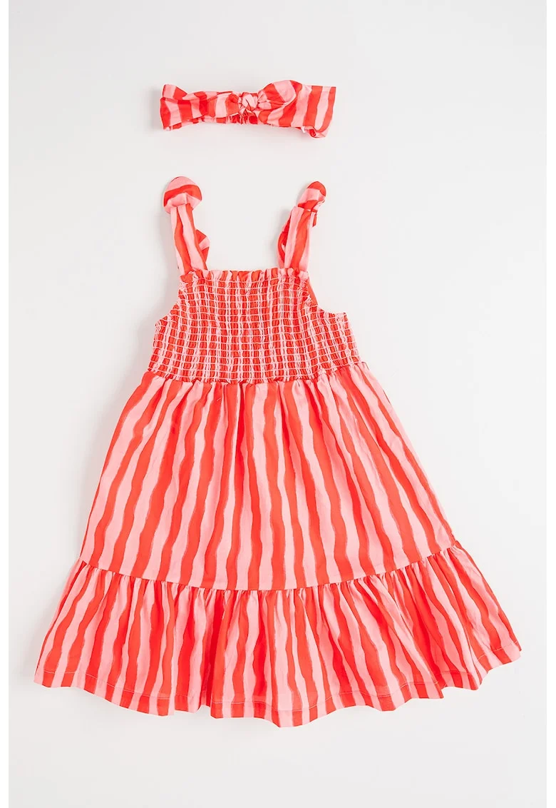 Rochie cu model in dungi si bentita, Rosu/Roz