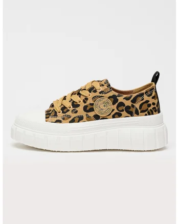 Tenisi flatform din material textil cu aplicatie logo, Negru/Maro