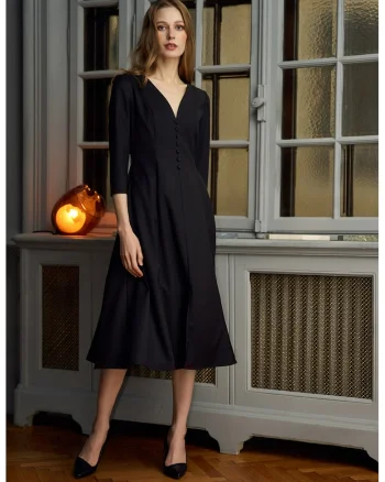 Rochie midi evazata cu decolteu in V, Negru