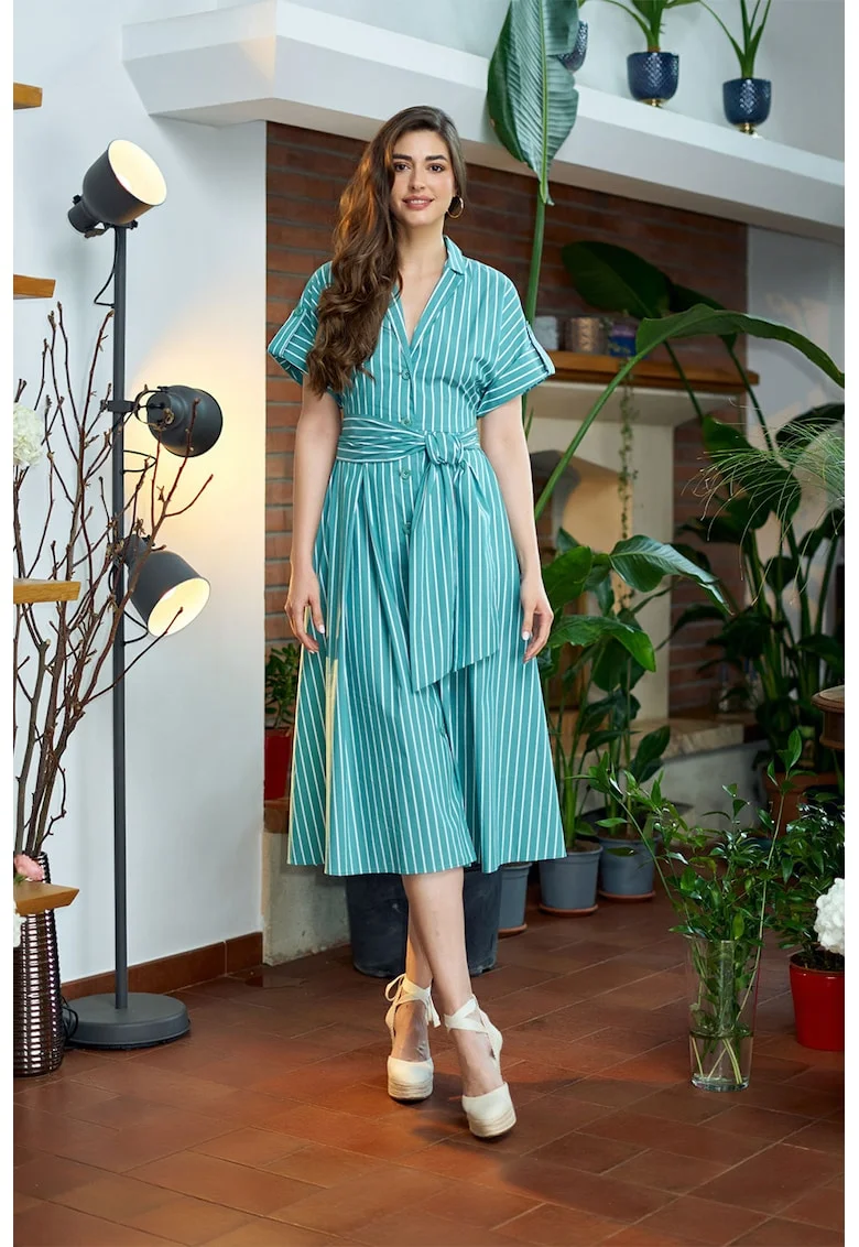 Rochie-camasa din amestec de bumbac cu model in dungi, Turcoaz/Alb optic