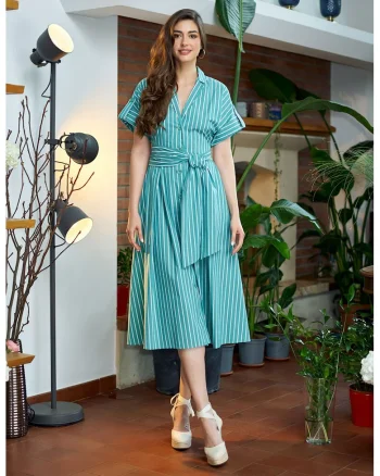 Rochie-camasa din amestec de bumbac cu model in dungi, Turcoaz/Alb optic