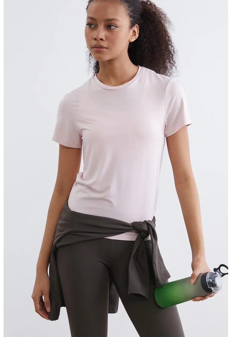 Tricou uni cu decolteu la baza gatului, Roz pastel