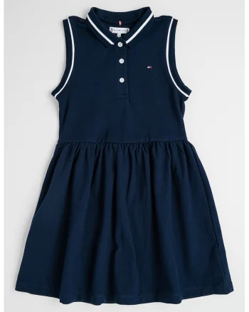 Rochie evazata cu guler polo, fara maneci, Bleumarin