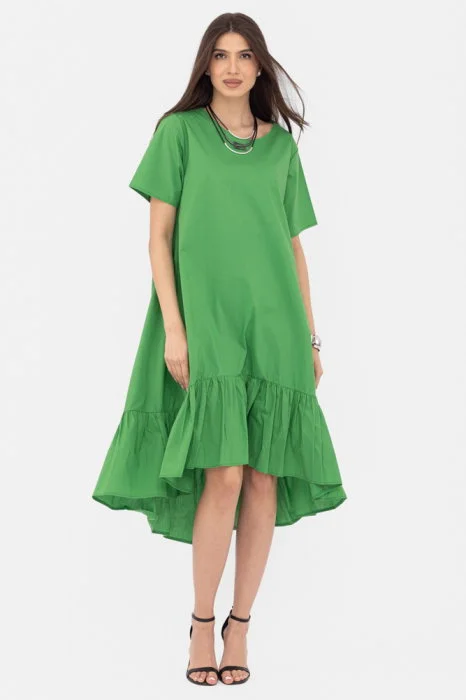 Rochie A-line din poplin, asimetrica, cu volan la baza, verde