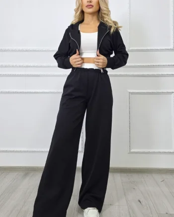 Compleu trei piese ELINA, cu bustiera, hanorac si pantaloni lejeri, Negru, Marime S/M