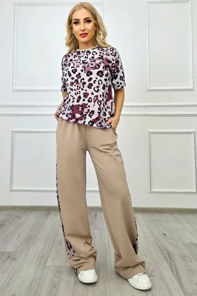 Compleu casual Calista, cu tricou oversize animal print si pantaloni, BEJ