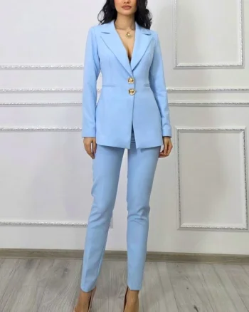 Costum office ARLENA, cu sacou cambrat si pantaloni conici, Baby BLUE