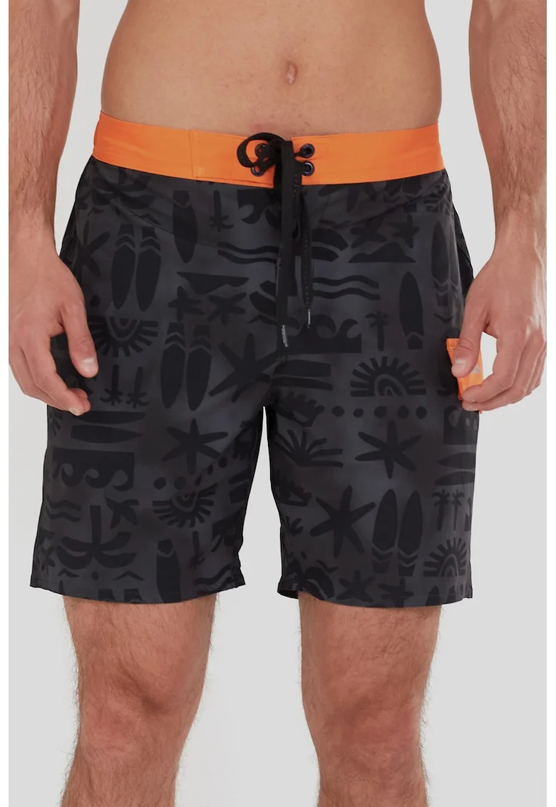 Pantaloni scurti de baie cu buzunare cu clapa Salimu, Negru stins/Portocaliu mandarina