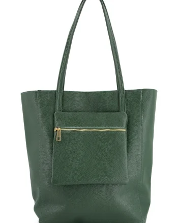 Geanta shopper pentru femei,  piele naturala, verde, 37x27x13cm, cu un buzunar exterior