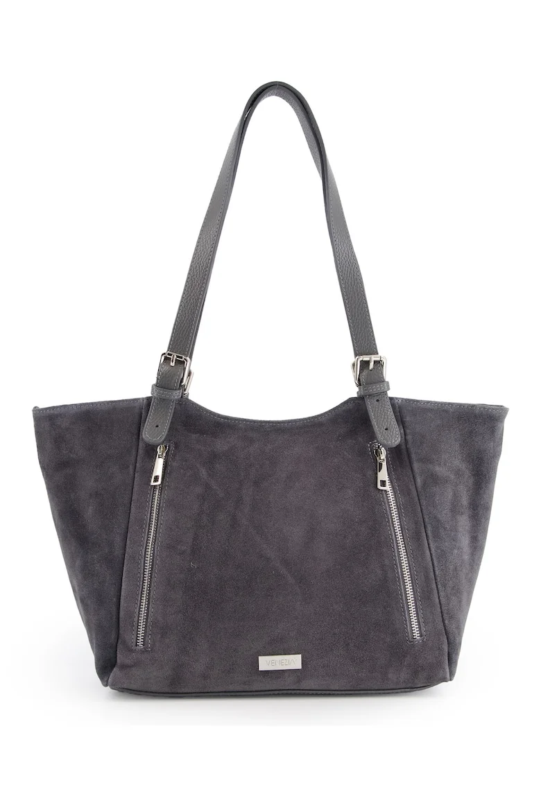 Geanta shopper dama  gri din piele intoarsa, 2 buzunare interioare, 3 buzunare exterioare, 27x45x11cm, manere reglabile 75cm
