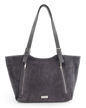 Geanta shopper dama  gri din piele intoarsa, 2 buzunare interioare, 3 buzunare exterioare, 27x45x11cm, manere reglabile 75cm