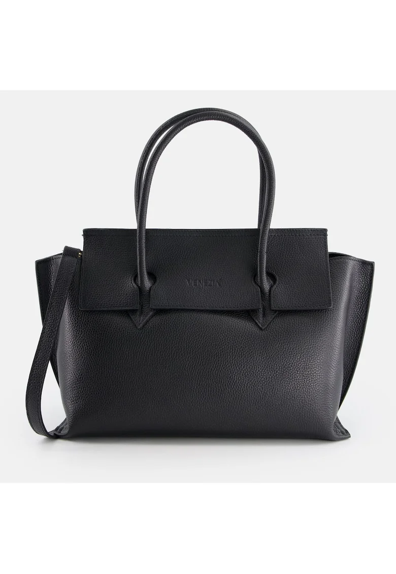 Geanta shopper  din piele naturala, neagra, 4 compartimente, dimensiuni 23x36x10cm, curea detasabila 111cm
