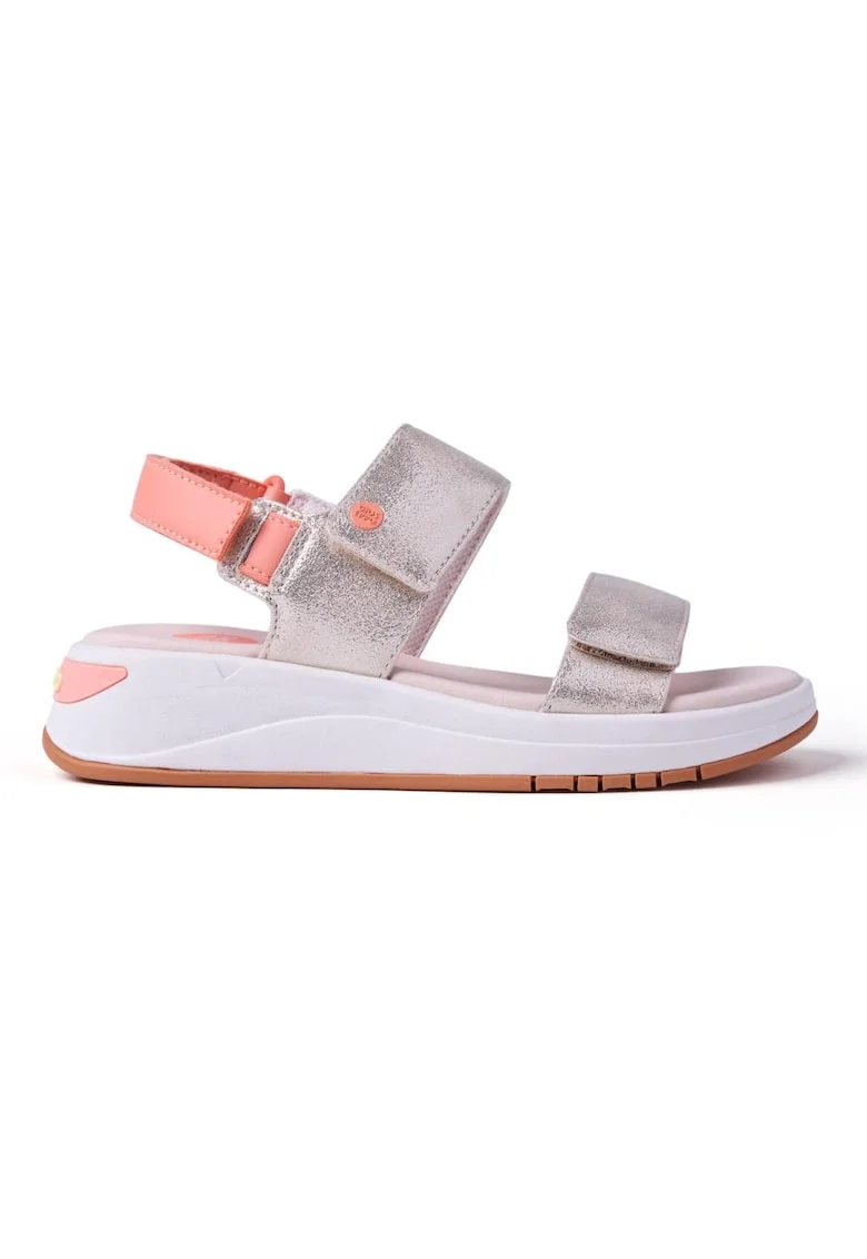 Sandale wedge de piele ecologica Shiny Sporty, Portocaliu/Argintiu