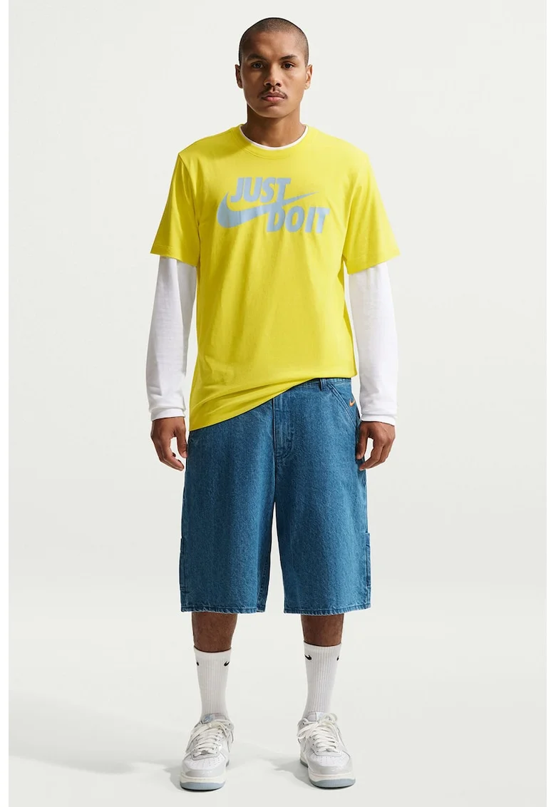 Tricou de bumbac cu imprimeu logo si text Swoosh, Galben/Albastru glaciar