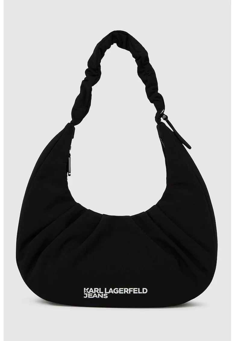 Geanta hobo din material textil cu logo, Negru
