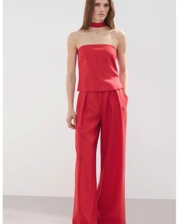 Pantaloni din amestec de lyocell cu croiala ampla si talie medie, Rosu