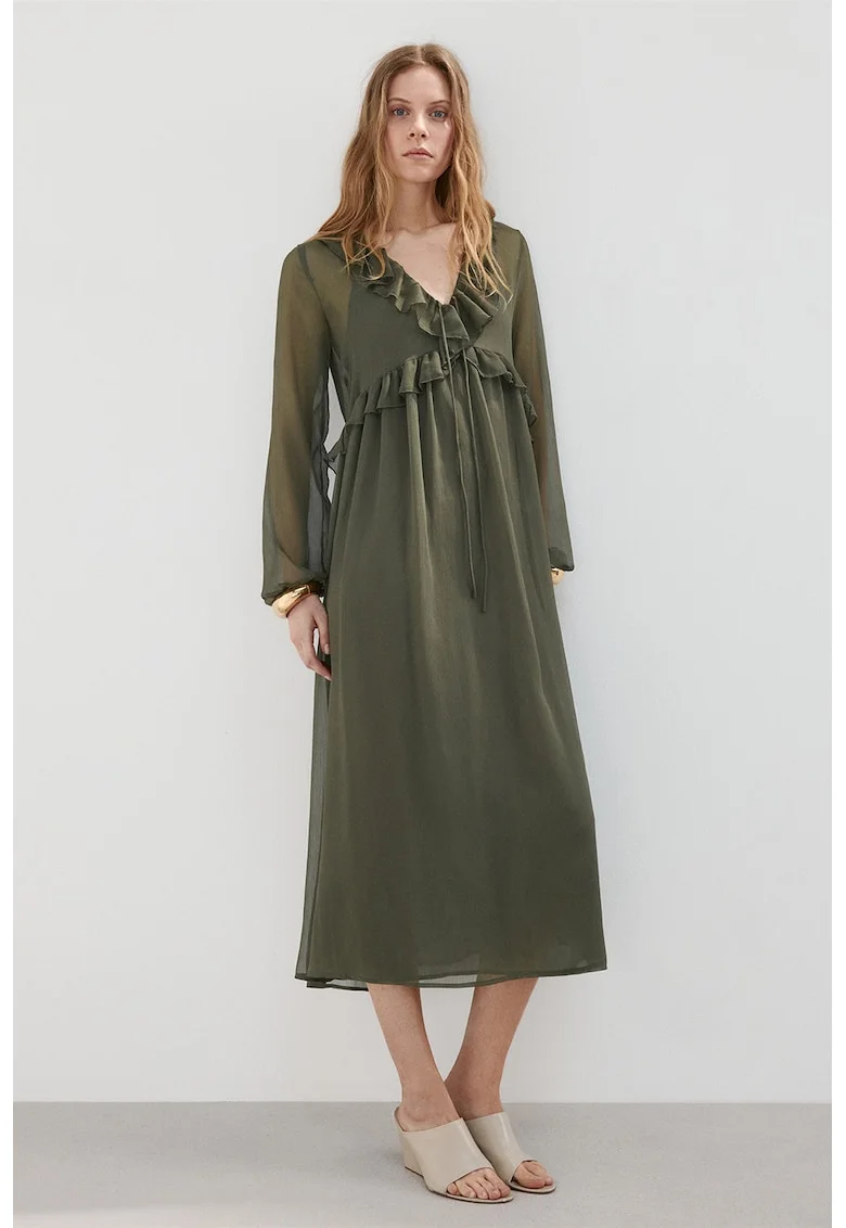 Rochie midi vaporoasa cu volane, Verde inchis