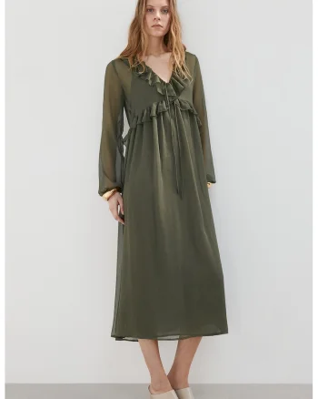 Rochie midi vaporoasa cu volane, Verde inchis
