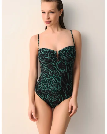 Costum de baie intreg cu bretele detasabile si animal print, Verde/Negru