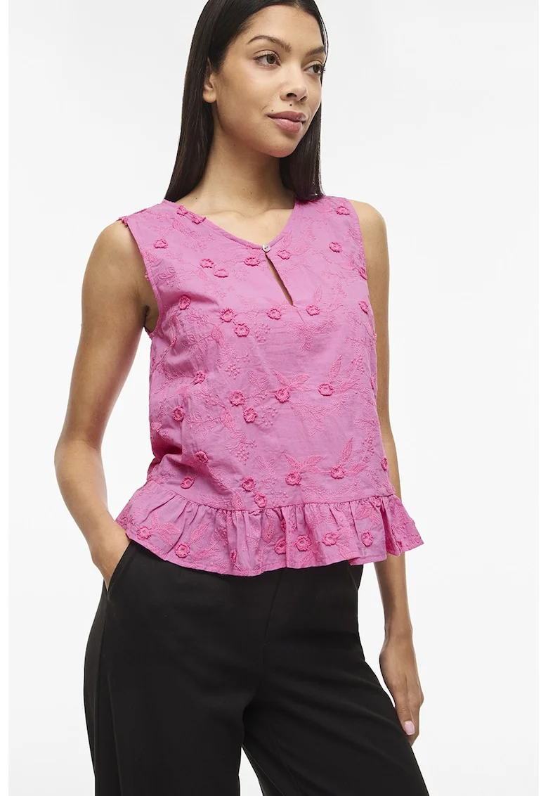 Bluza fara maneci din bumbac organic cu terminatie cu volane, Roz,