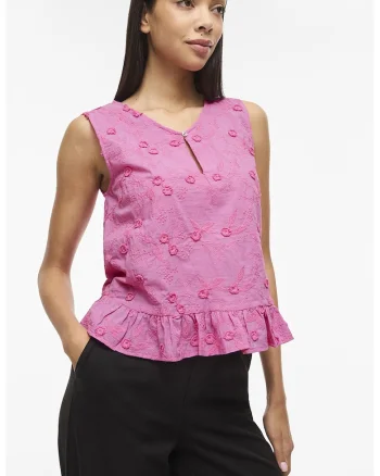 Bluza fara maneci din bumbac organic cu terminatie cu volane, Roz,