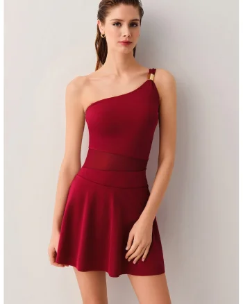 Costum de baie intreg cu design cu decolteu pe un umar, Rosu vintage