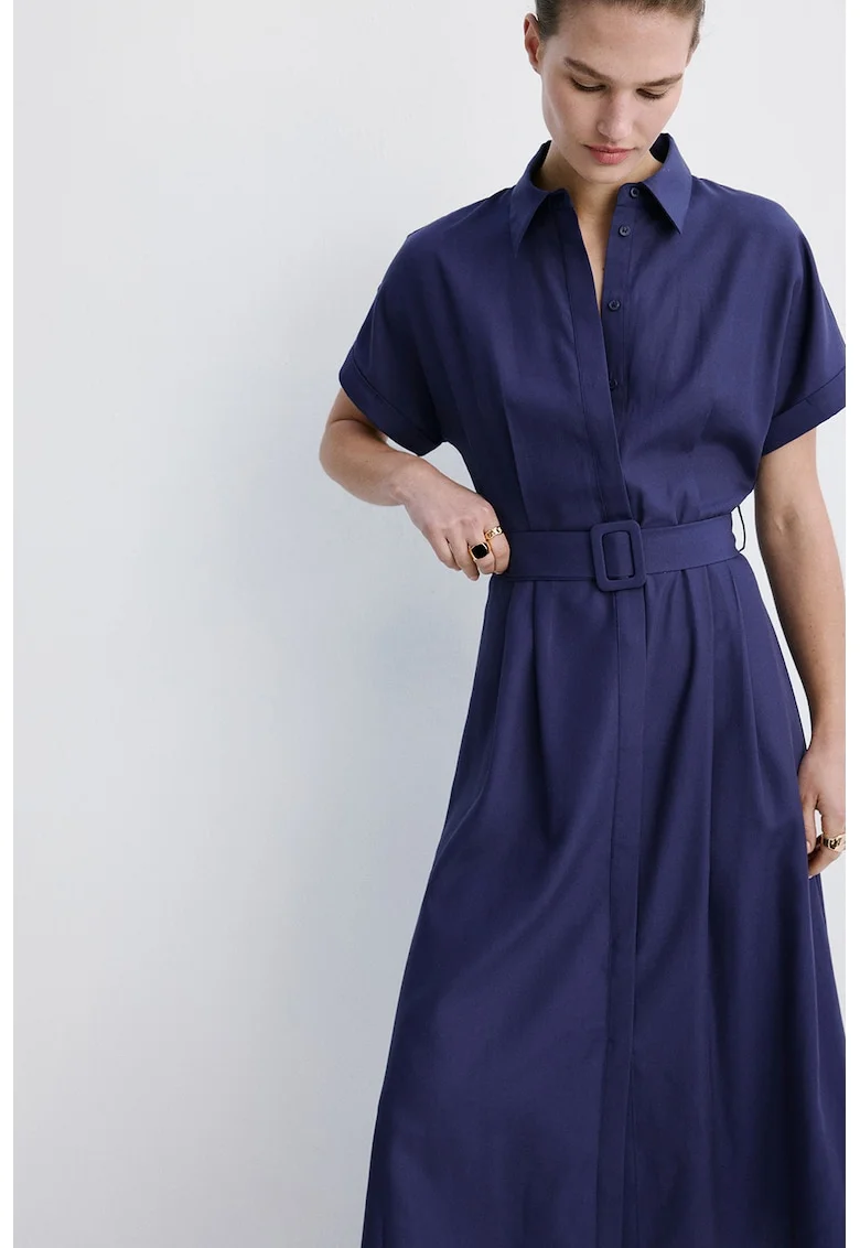 Rochie-camasa de in si lyocell cu o curea in talie, Bleumarin