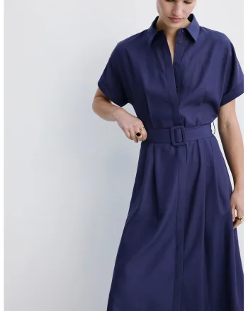 Rochie-camasa de in si lyocell cu o curea in talie, Bleumarin
