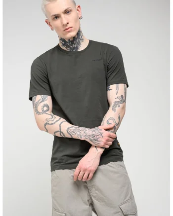 Tricou slim fit de bumbac organic cu decolteu la baza gatului Base, Alb/Verde masliniu