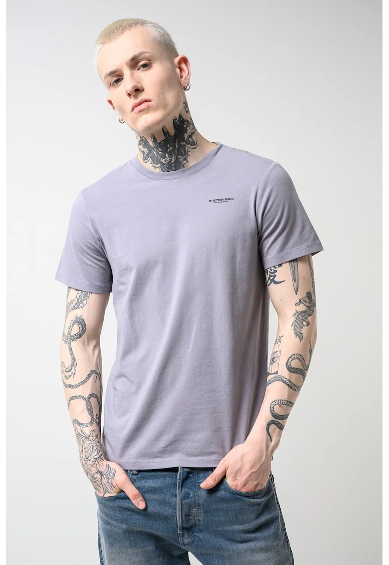 Tricou slim fit de bumbac organic cu decolteu la baza gatului Base, Liliac prafuit