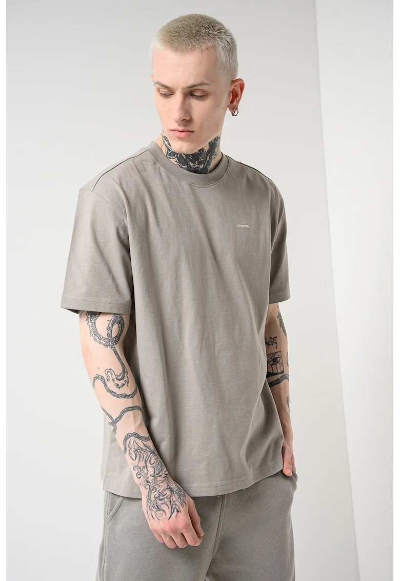 Tricou din amestec de bumbac organic cu decolteu la baza gatului, Maro taupe