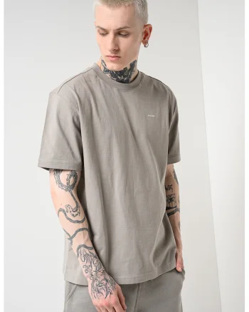 Tricou din amestec de bumbac organic cu decolteu la baza gatului, Maro taupe