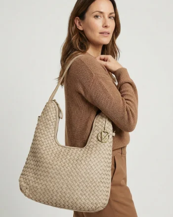 Geanta hobo din piele naturala cu model impletit, Bej