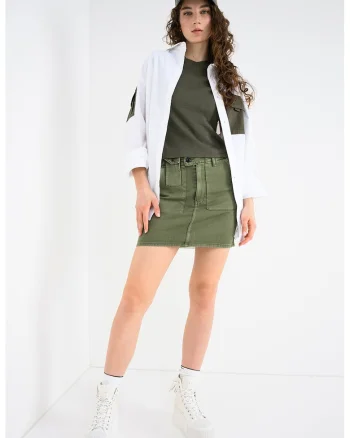 Fusta de denim cu buzunare cu clapa, Verde feriga