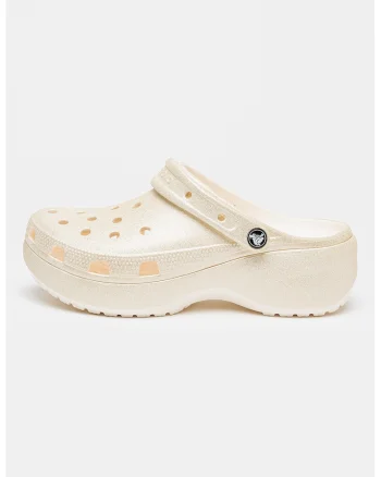 Saboti slingback flatform cu aspect stralucitor Classic, Alb fildes/Argintiu