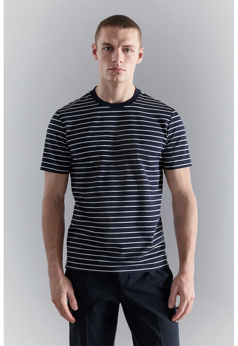 Tricou slim-fit cu model cu dungi, Alb/Bleumarin