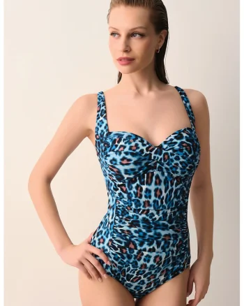 Costum de baie intreg cu animal print, Roz somon/Albastru