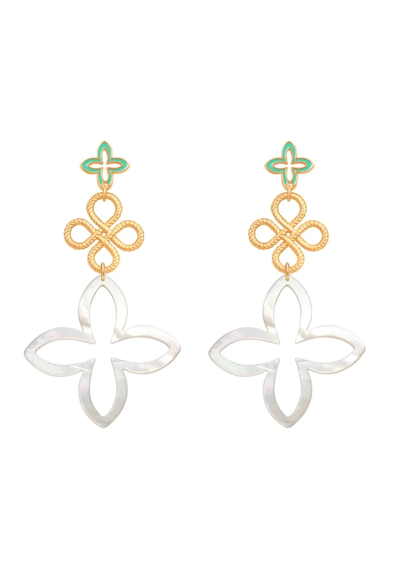 Cercei placati cu aur de 18k si decorati cu email Lily, Alb/Verde/Auriu