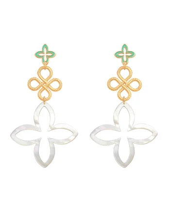 Cercei placati cu aur de 18k si decorati cu email Lily, Alb/Verde/Auriu