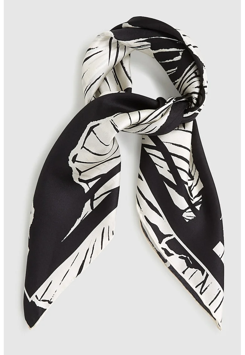 Esarfa de matase cu model floral, Negru/Alb murdar