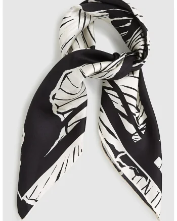 Esarfa de matase cu model floral, Negru/Alb murdar