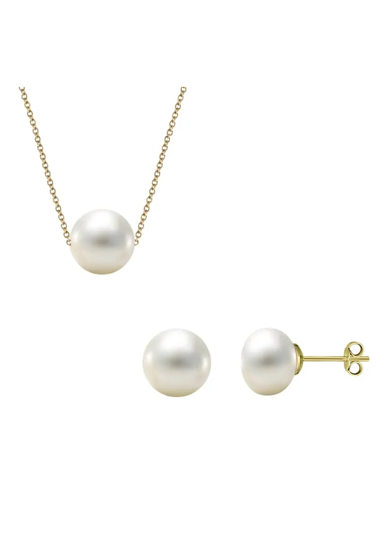 Set Aur 585 -14K si perle de cultura, cercei cu perle 7mm si colier cu perla 8mm, lant 42 cm, Fluturasi aur