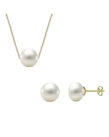 Set Aur 585 -14K si perle de cultura, cercei cu perle 7mm si colier cu perla 8mm, lant 42 cm, Fluturasi aur
