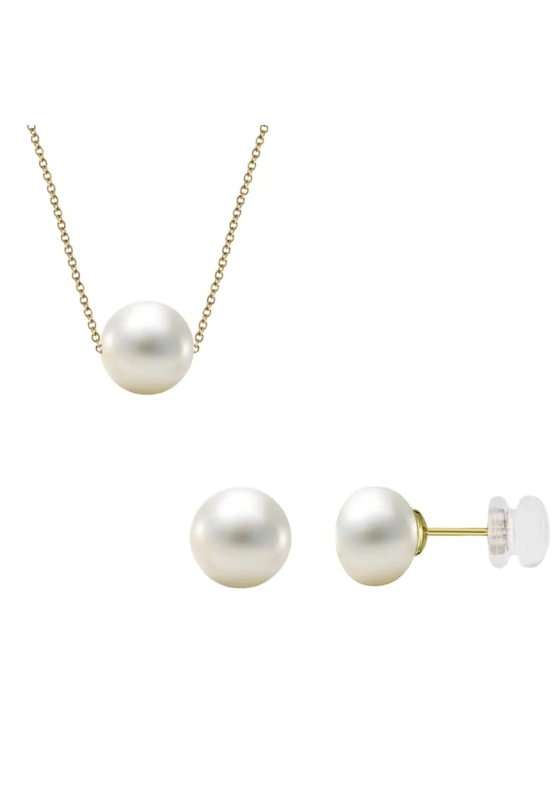 Set Aur 585 -14K si perle de cultura, cercei cu perle 7mm si colier cu perla 8mm, lant 42 cm, Fluturasi aur in silicon