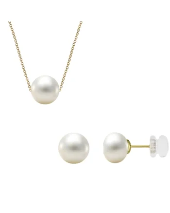 Set Aur 585 -14K si perle de cultura, cercei cu perle 7mm si colier cu perla 8mm, lant 42 cm, Fluturasi aur in silicon