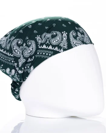 Bandana cu imprimeu alb pe fond verde inchis si elastic la spate