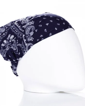 Bandana cu imprimeu alb pe fond bleumarin si elastic la spate