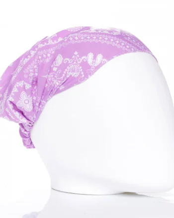 Bandana cu imprimeu alb pe fond lila si elastic la spate