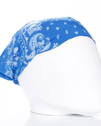 Bandana cu imprimeu alb pe fond albastru si elastic la spate