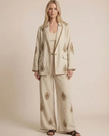 Compleu din in mercerizat bej cu broderie, sacou si pantaloni lejeri, stil elegant natural